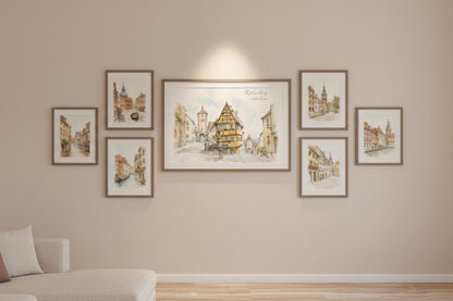 Detailreiche Reiseillustration des Plönleins in Rothenburg auf mattem Fine-Art-Papier