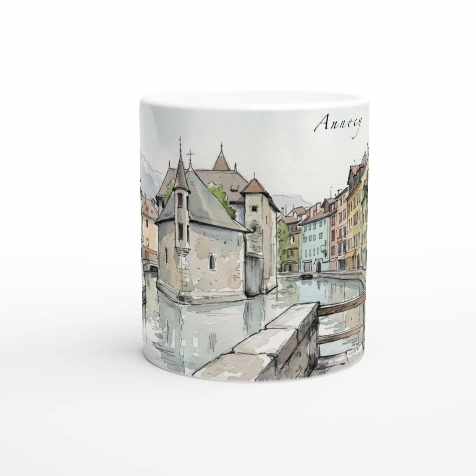 Frankreich Tasse mit Annecy Panorama und den charakteristischen Kanaelen der Altstadt