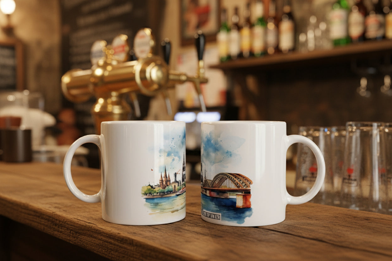 Souvenir Tasse mit Kölner Dom und historischem Stadtpanorama in sanften Aquarellfarben