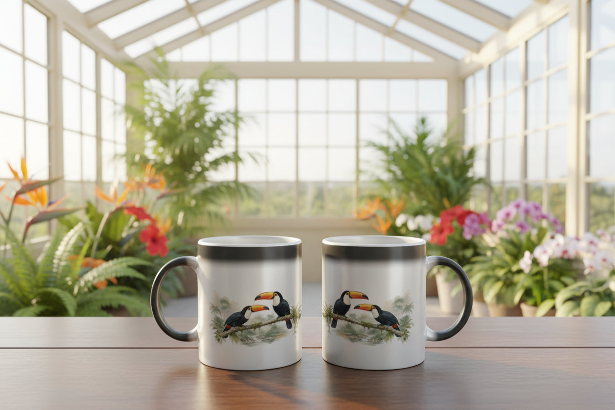 Zwei Riesentukane erscheinen auf einer glänzenden schwarzen Tasse durch heißes Getränk
