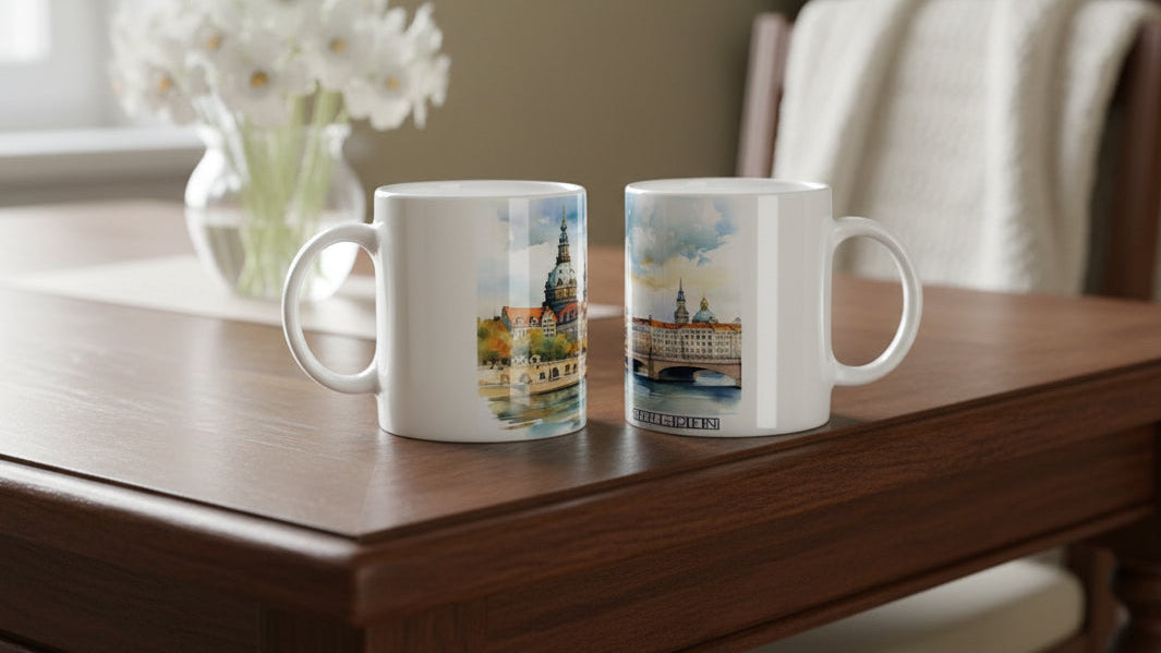 Weiße Keramiktasse mit Dresdner Frauenkirche und historischer Stadtsilhouette im Aquarellstil