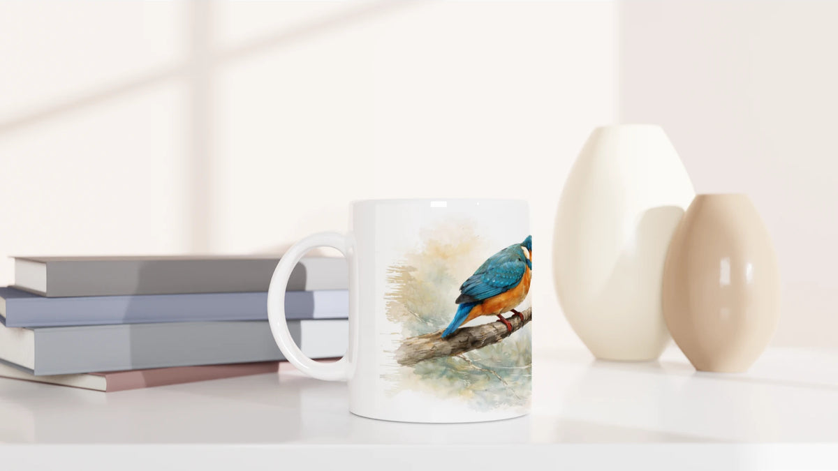 Aquarellillustration eines Eisvogels mit charakteristischem blau-türkisem Gefieder und warmen orangefarbenen Partien