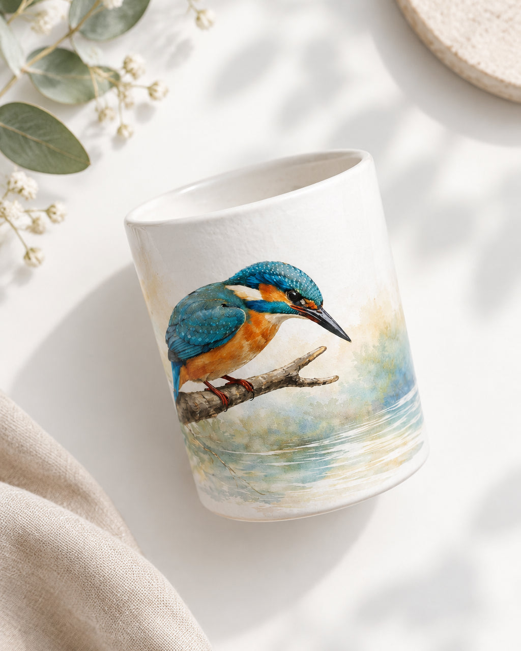 Keramiktasse mit detailreicher Aquarellillustration eines Eisvogels und fein ausgearbeiteten blauen und orangefarbenen Gefiederpartien
