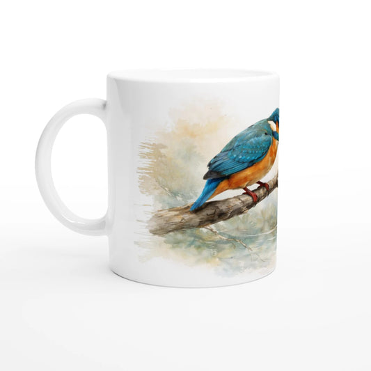 Keramiktasse mit detailreicher Aquarellillustration eines Eisvogels und fein ausgearbeiteten blauen und orangefarbenen Gefiederpartien