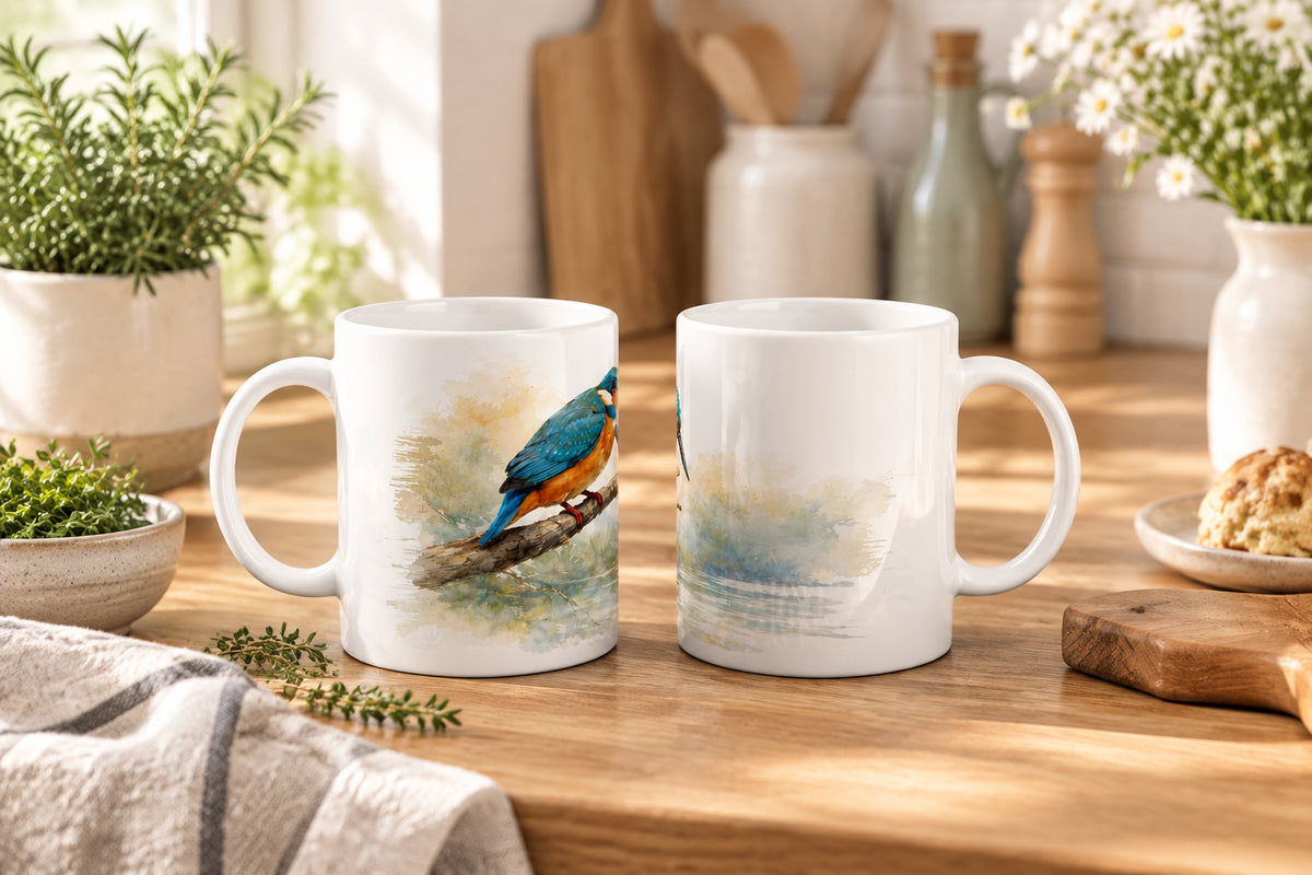 Seitliche Ansicht der weißen Eisvogel-Tasse mit farbigem Aquarell-Vogelmotiv auf der Keramikoberfläche