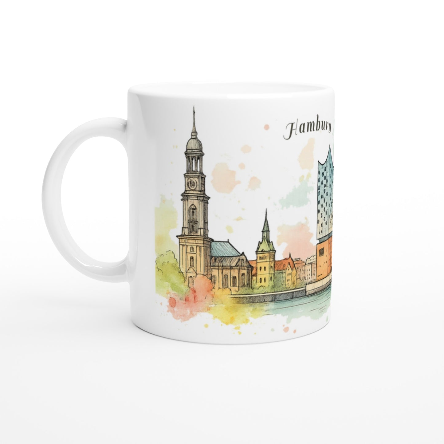Hamburg Souvenir Tasse mit durchgehendem Panorama und bekannten Sehenswuerdigkeiten der Stadt