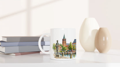 Maritime Aquarellansicht des Emder Delft mit Segelboot, Anlegern, historischen Gebäuden und farbigen Spiegelungen im Hafenwasser