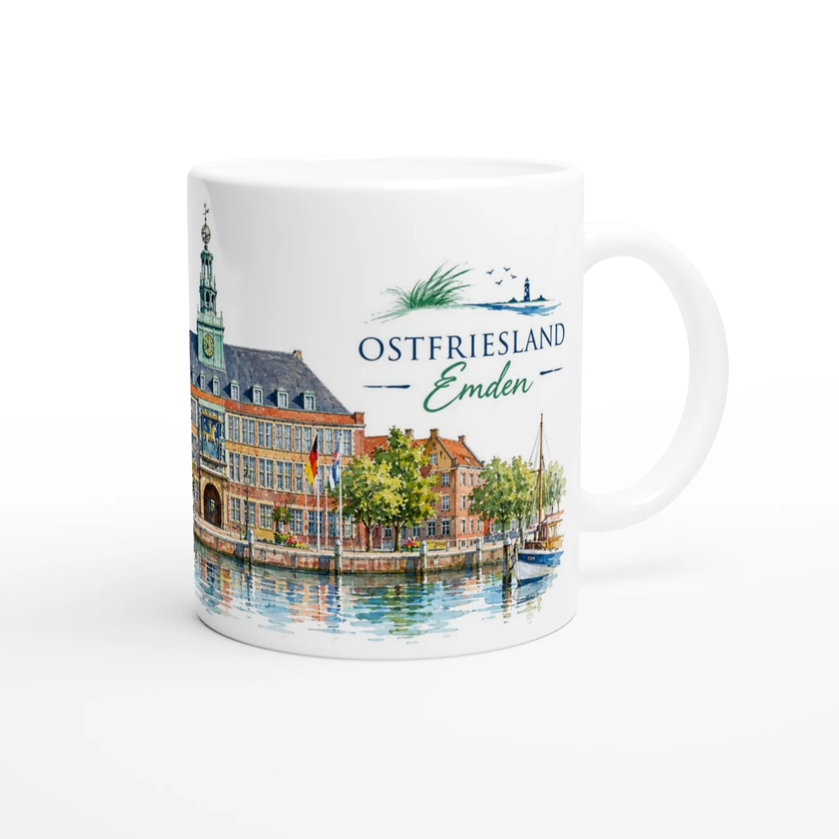 Jantje-Vis-Figur mit Korb auf einem steinernen Sockel vor dem Emder Rathaus als Detail der ostfriesischen Stadtillustration