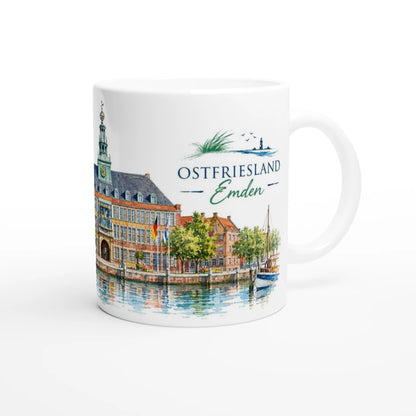 Jantje-Vis-Figur mit Korb auf einem steinernen Sockel vor dem Emder Rathaus als Detail der ostfriesischen Stadtillustration