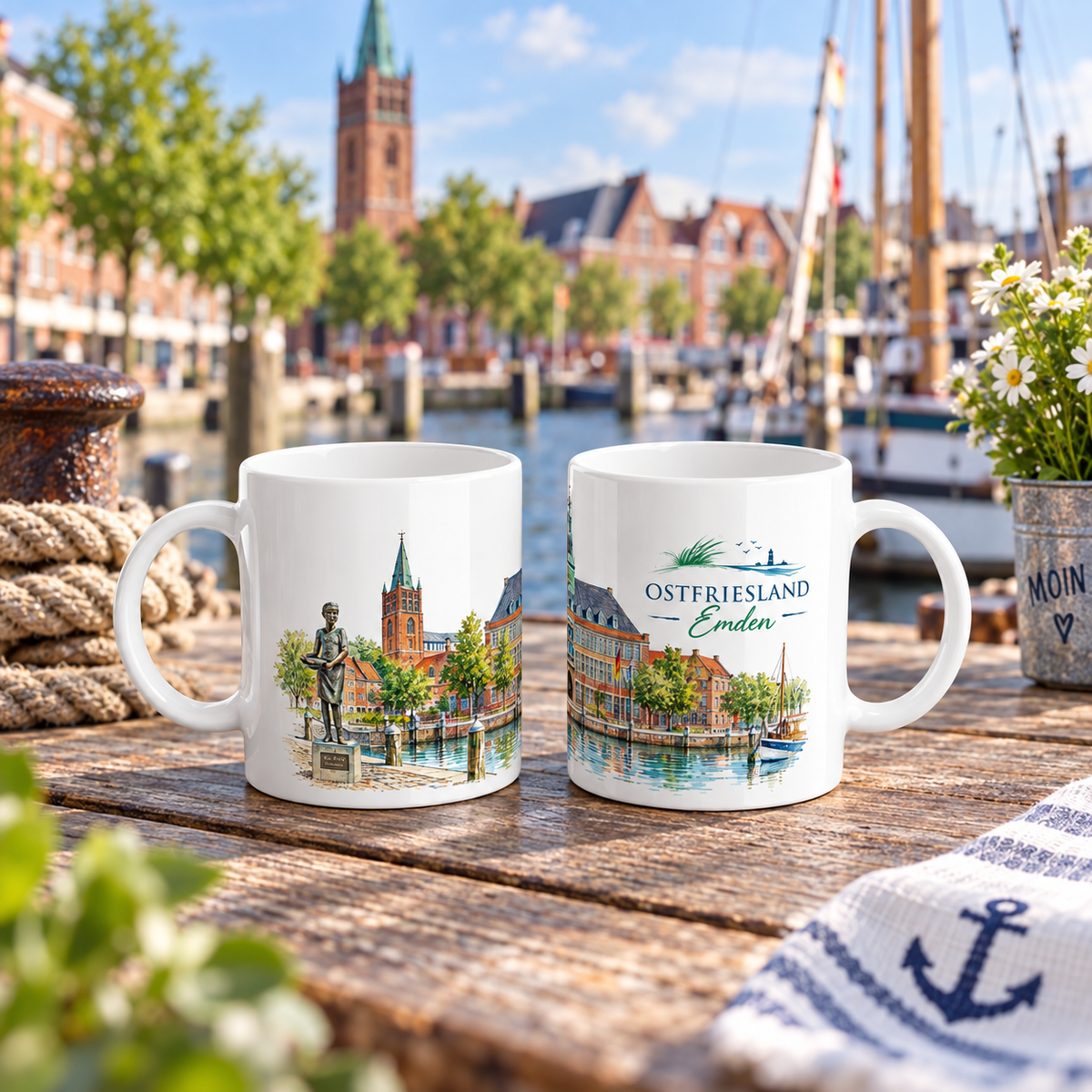 Blaue Emden Keramiktasse mit detailreichem Ostfriesland-Motiv, historischem Rathaus, Jantje Vis und maritimer Hafenlandschaft