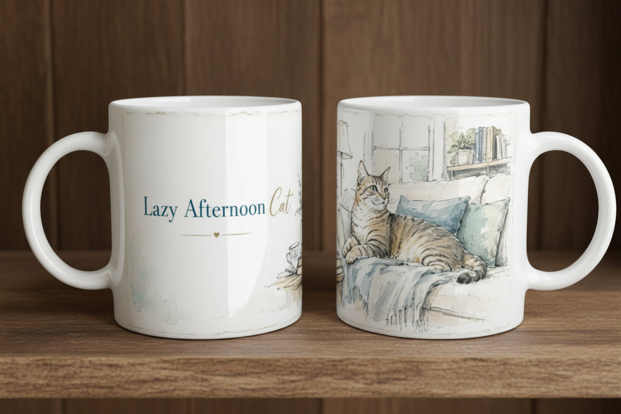 Keramiktasse mit ruhiger Hauskatze auf einem Sofa in gemuetlicher Wohnatmosphaere
