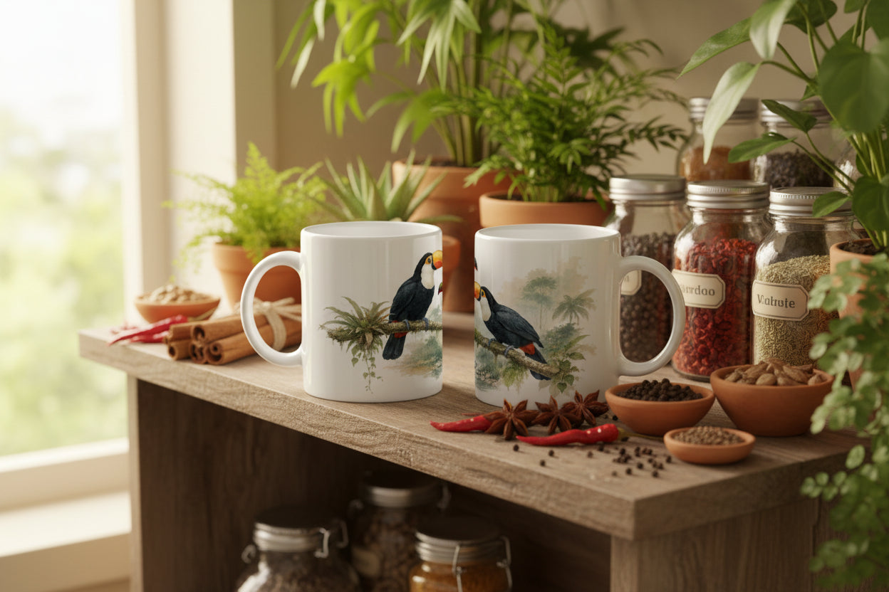 Aquarellmotiv mit zwei exotischen Vögeln aus der Still Branch Birds Kollektion von Mano et Arte