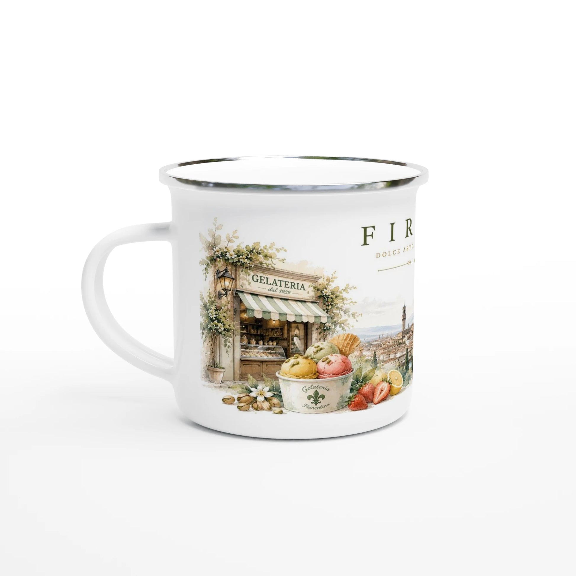 Weisser Emaille-Becher mit einer detailreichen Aquarellillustration von Florenz mit der Kathedrale Santa Maria del Fiore, einer traditionellen Gelateria und mediterranen Zitronen.