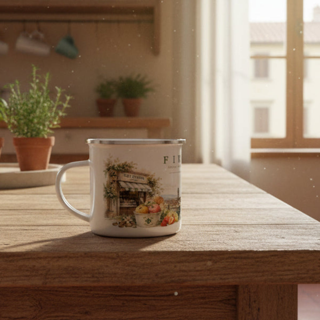 Weisser Emaille-Becher mit einer hochwertigen Fine-Art-Illustration der Florentiner Skyline, cremigem Gelato, Zitronen und mediterraner Pflanzenwelt.