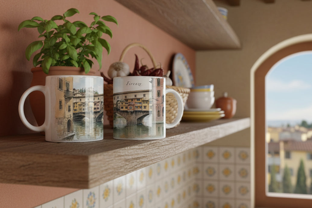 Italienische Souvenir-Tasse mit dem berühmten Ponte Vecchio und historischen Gebäuden am Flussufer