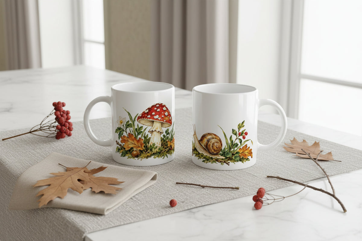 Keramiktasse mit Fliegenpilz und Schnecke als Geschenkidee für Pilzliebhaber, Waldmenschen, Naturfreunde und Freunde botanischer Illustrationen.