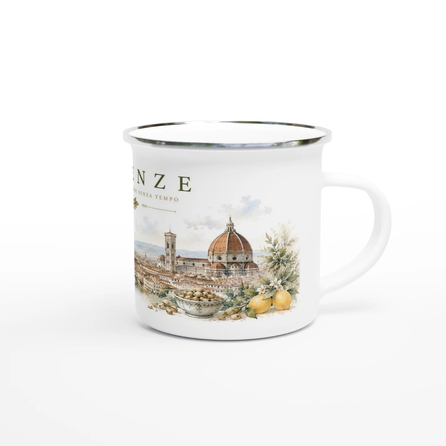Liebevoll gestaltetes Florenz-Motiv mit der historischen Altstadt, der Ponte Vecchio, italienischem Gelato, Pistazien und sommerlichen Naturfarben auf einem weissen Emaille-Becher.