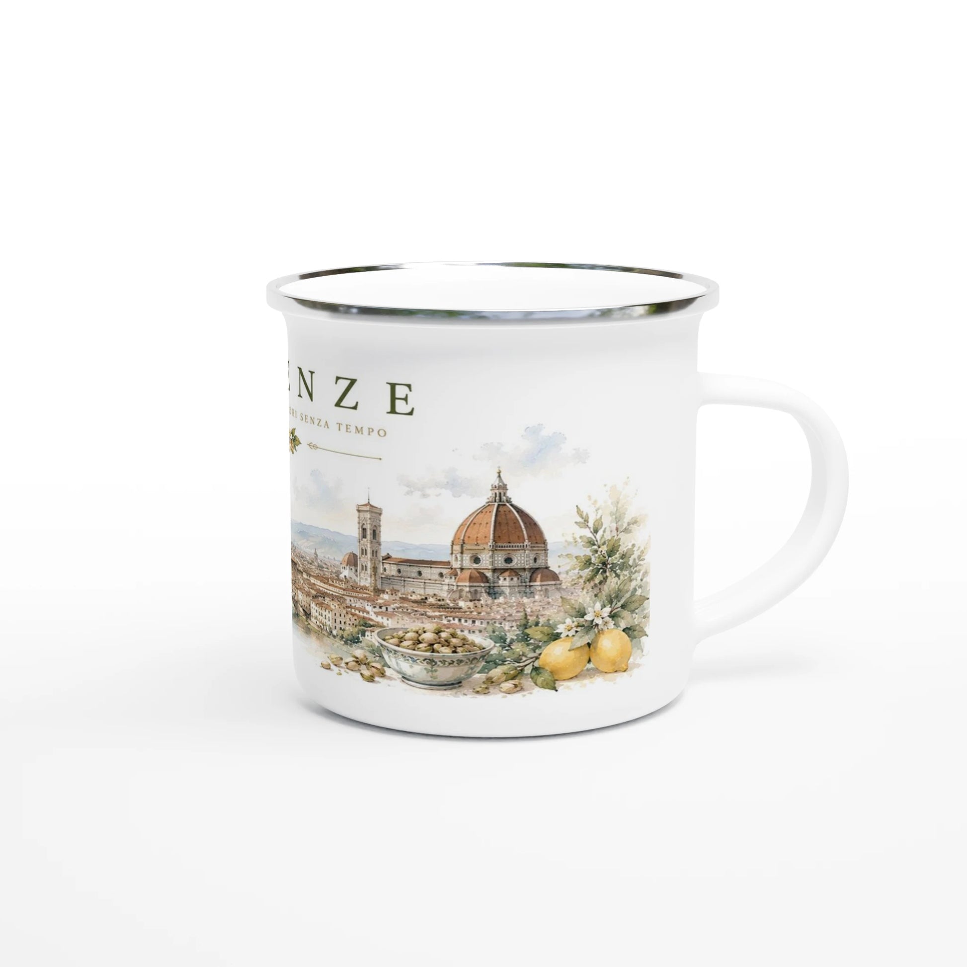 Liebevoll gestaltetes Florenz-Motiv mit der historischen Altstadt, der Ponte Vecchio, italienischem Gelato, Pistazien und sommerlichen Naturfarben auf einem weissen Emaille-Becher.