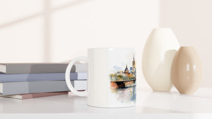 Keramiktasse mit Frankfurter Skyline und stimmungsvoller Flussansicht