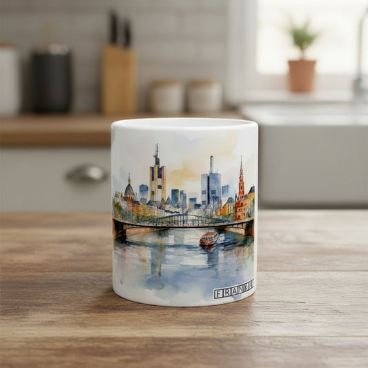 Frankfurt Tasse mit Skyline des Bankenviertels und Blick über den Main