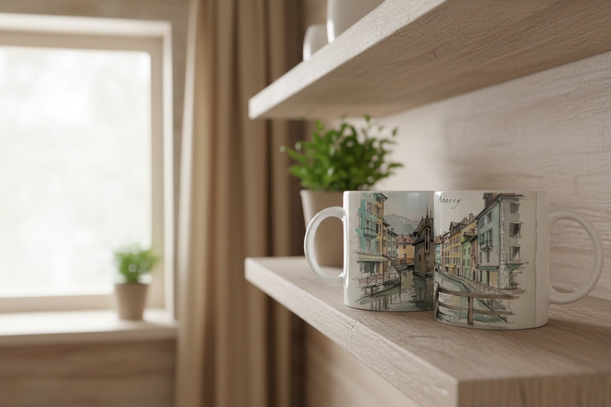 Souvenir Tasse mit Annecy Stadtmotiv, Alpen und malerischer Architektur