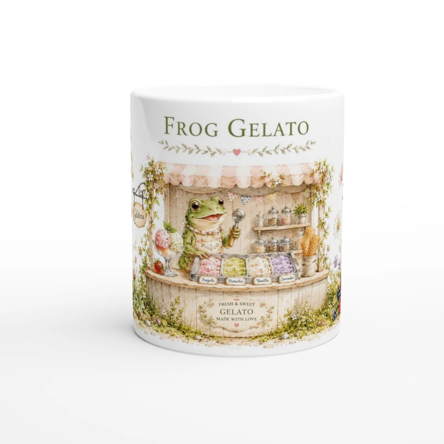 Frosch Gelato Tasse mit kleiner Gelateria im blühenden Cottage-Garten und italienischem Eisstand