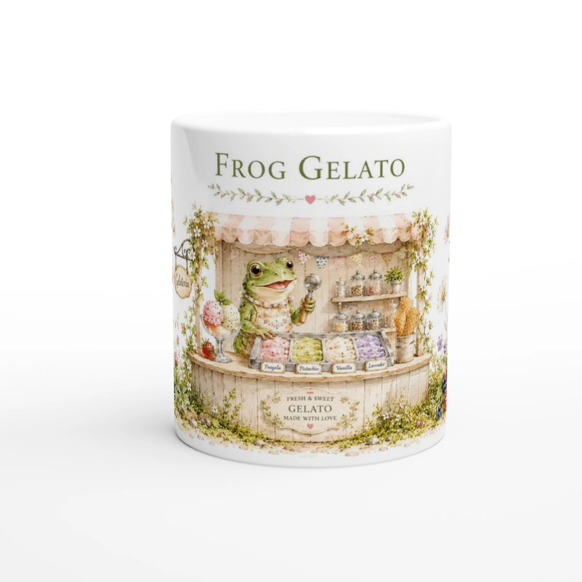 Frosch Gelato Tasse mit kleiner Gelateria im blühenden Cottage-Garten und italienischem Eisstand