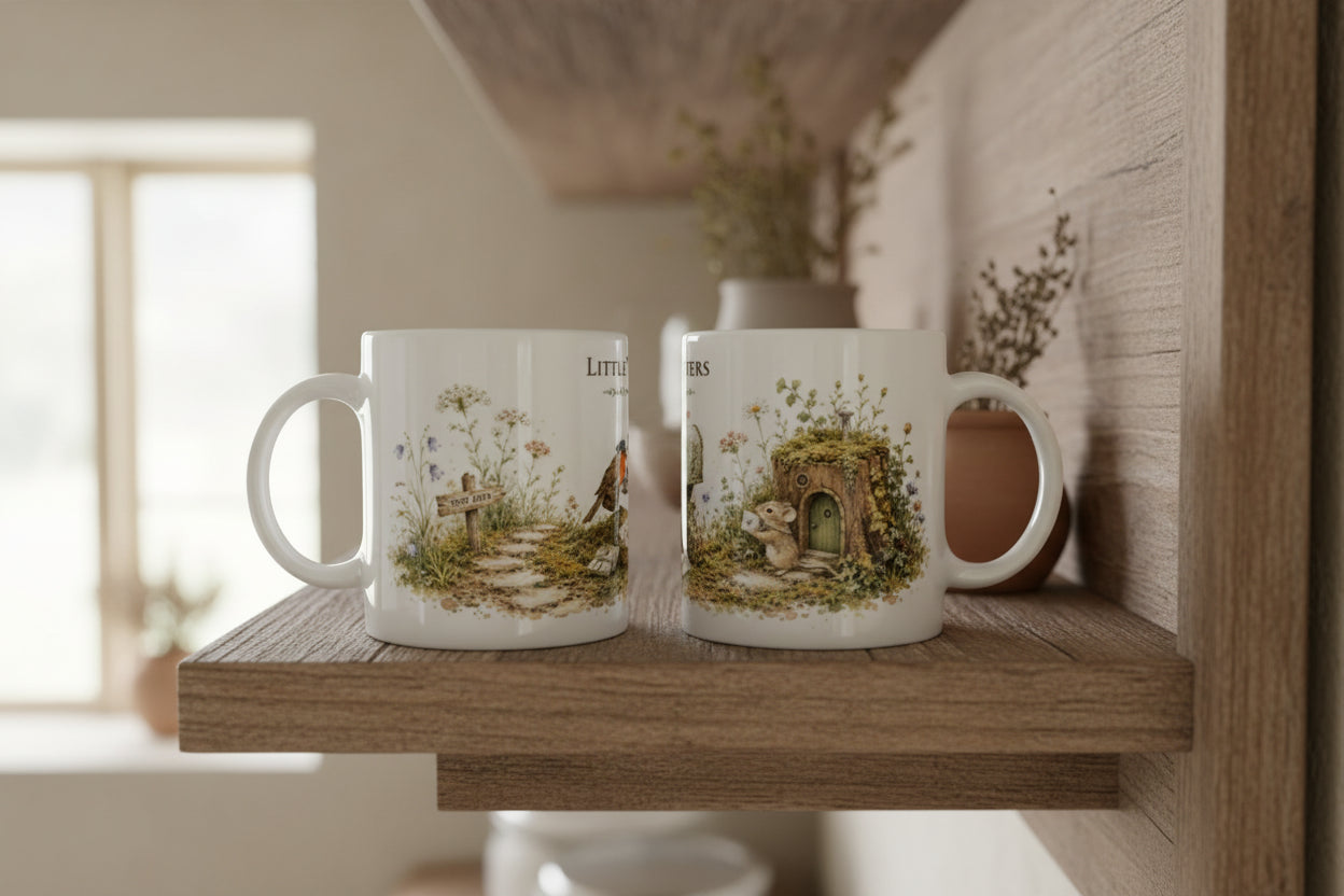 Umlaufendes Gartenmotiv auf einer Keramiktasse mit Rotkehlchen, Maus, Briefkasten, Blumen und kleinem Steinweg