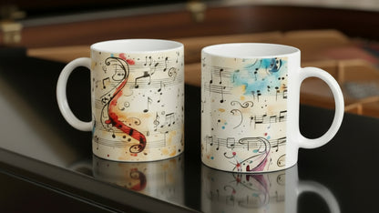 Stilvolle Musik Tasse mit fließenden Noten und sanften Aquarellfarben