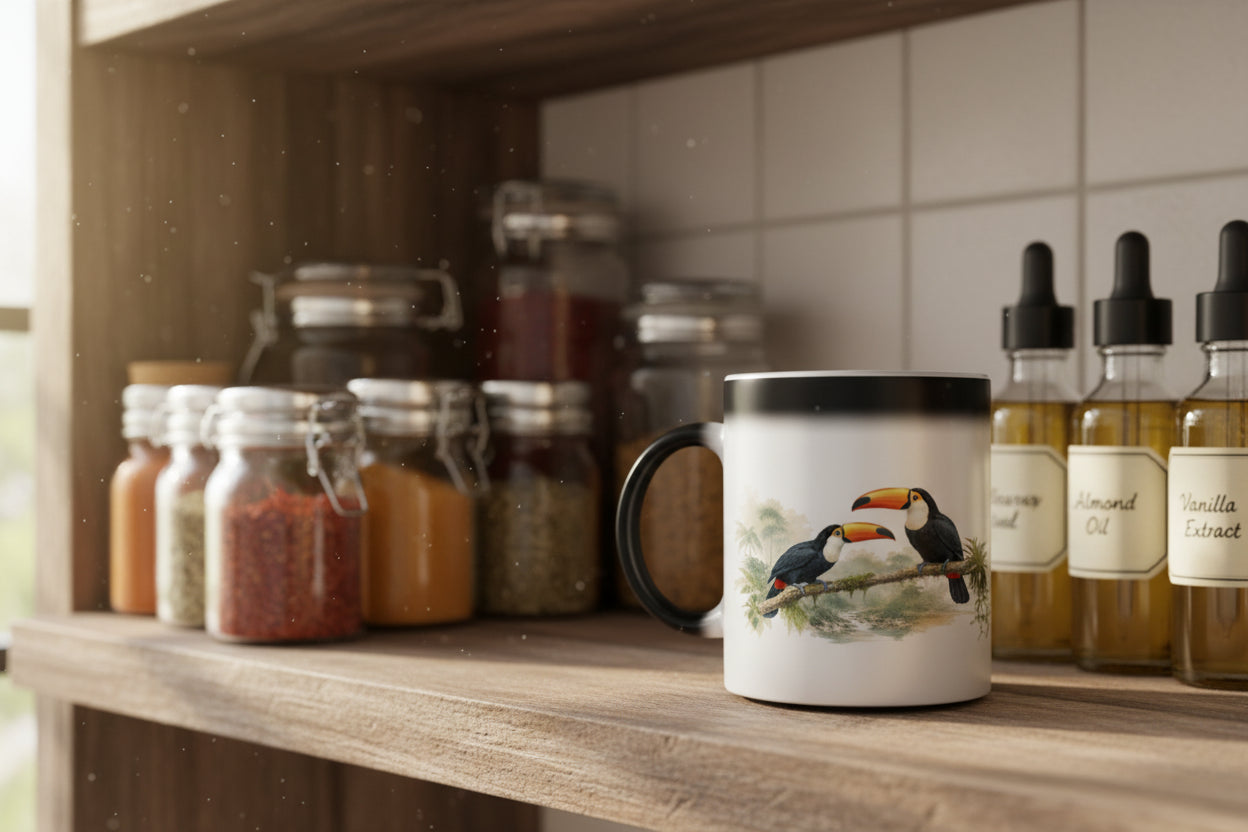 Farbwechsel-Tasse mit tropischer Aquarellillustration und Regenwaldatmosphäre