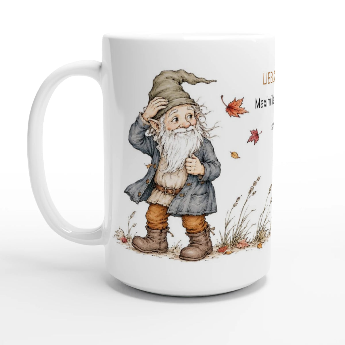 Herbstliche Tassenillustration mit bärtigem Gnom und Gnomin zwischen feinen Gräsern und vom Wind getragenen Herbstblättern.