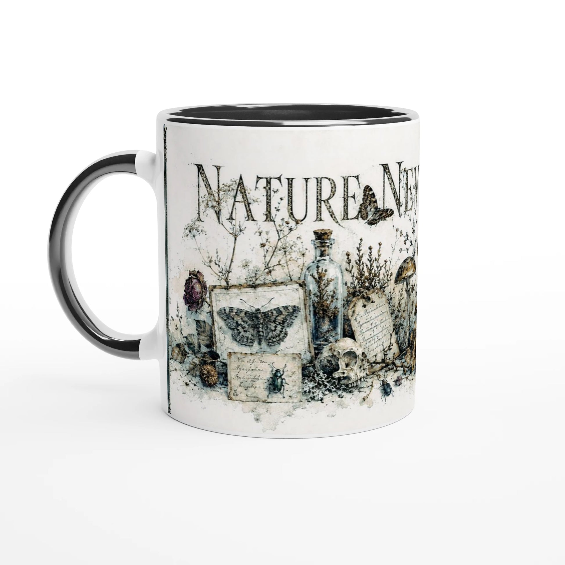 Gothic Botanik Tasse der Black Edition mit Pilzen, Schmetterlingen und getrockneten Pflanzen