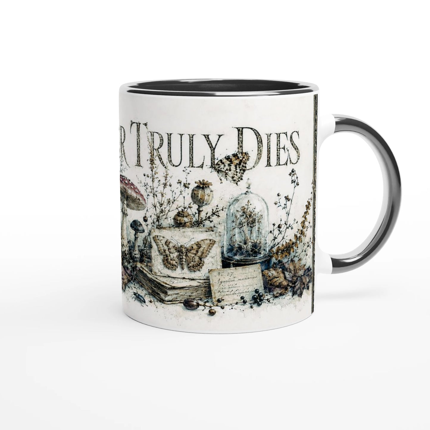 Dark-Academia-Tasse mit historischen Büchern, Glasgefäßen und botanischen Fundstücken