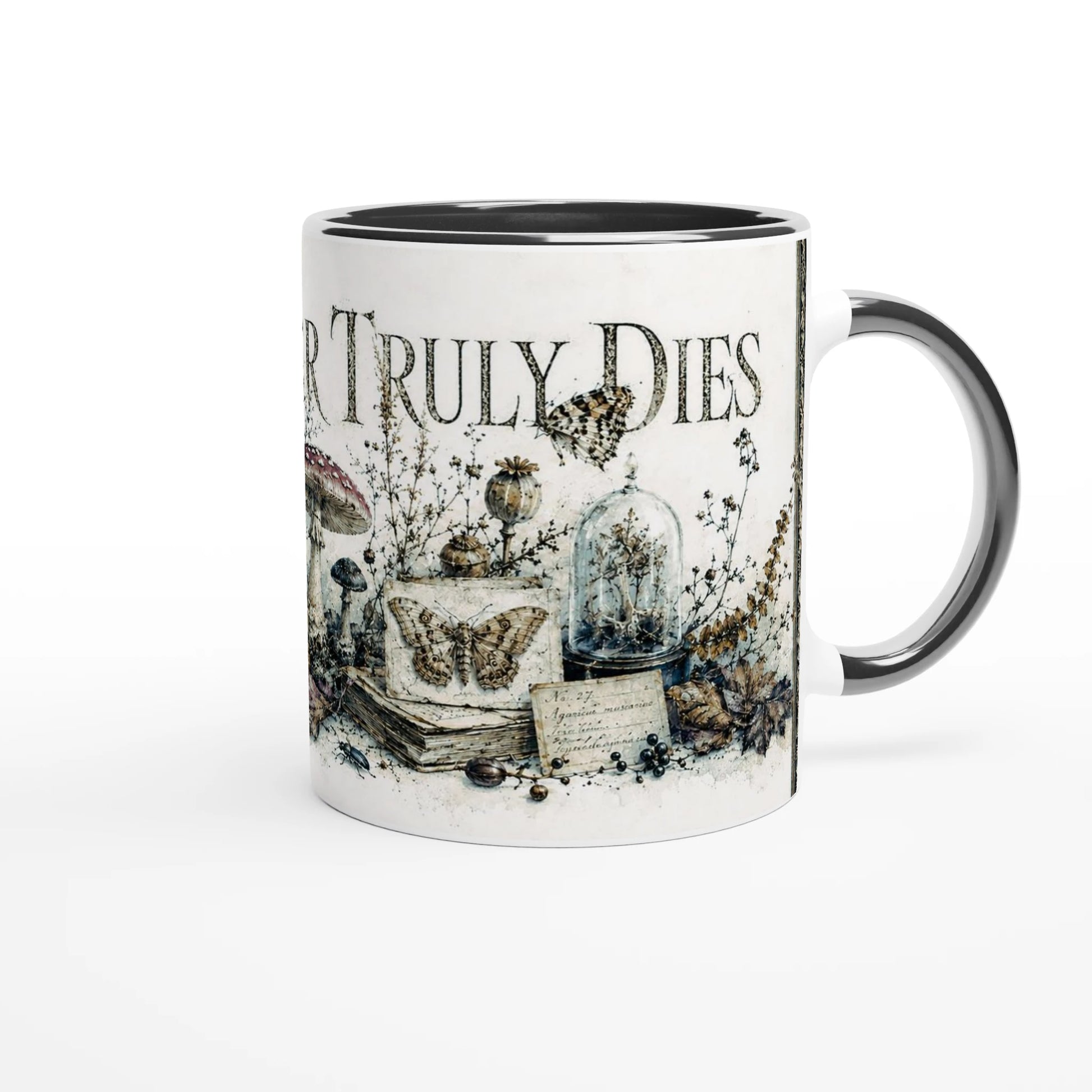 Dark-Academia-Tasse mit historischen Büchern, Glasgefäßen und botanischen Fundstücken