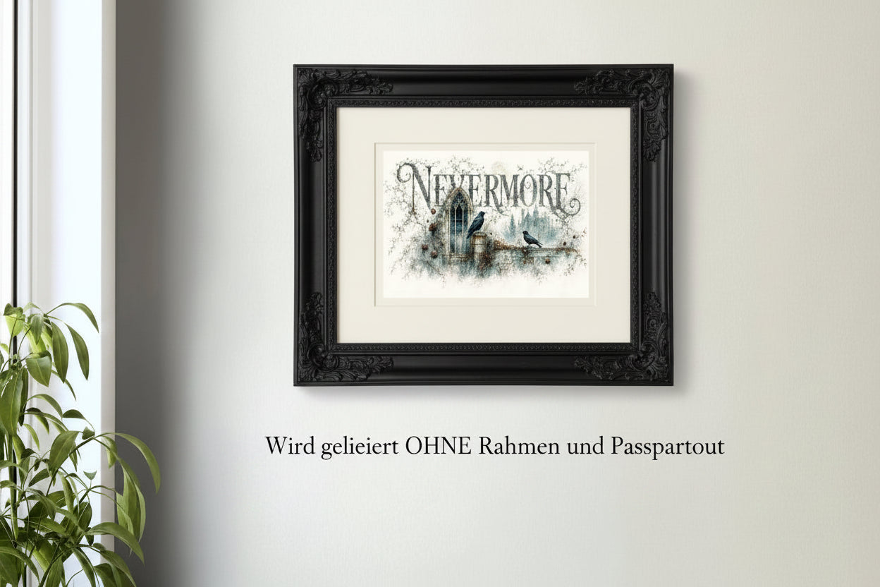 Detailreiche Gothic Illustration in Blaugrau und Steinbeige mit zwei schwarzen Raben