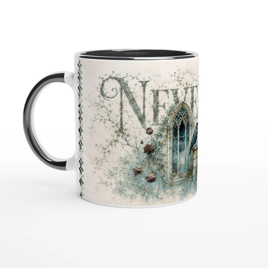Gothic Raben Tasse der Black Edition mit zwei Raben, gotischem Fenster und Nevermore-Schriftzug