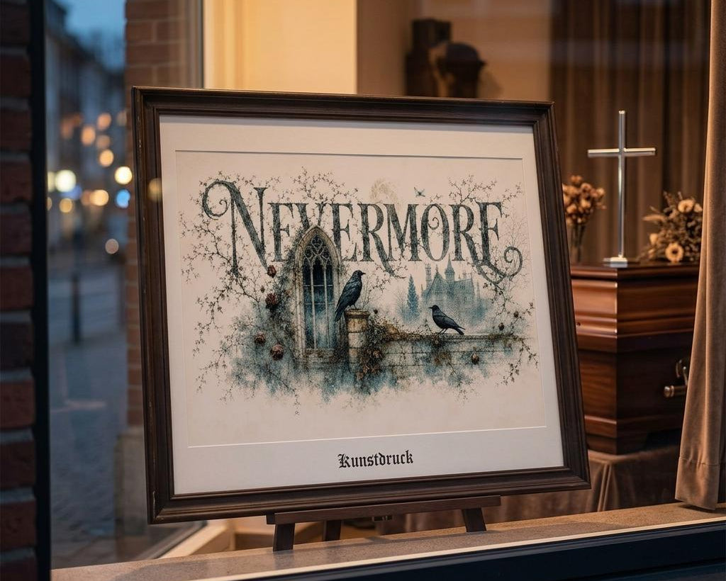 Dunkelromantisches Wandbild mit großem Nevermore-Schriftzug und geheimnisvollem Herrenhaus im Nebel