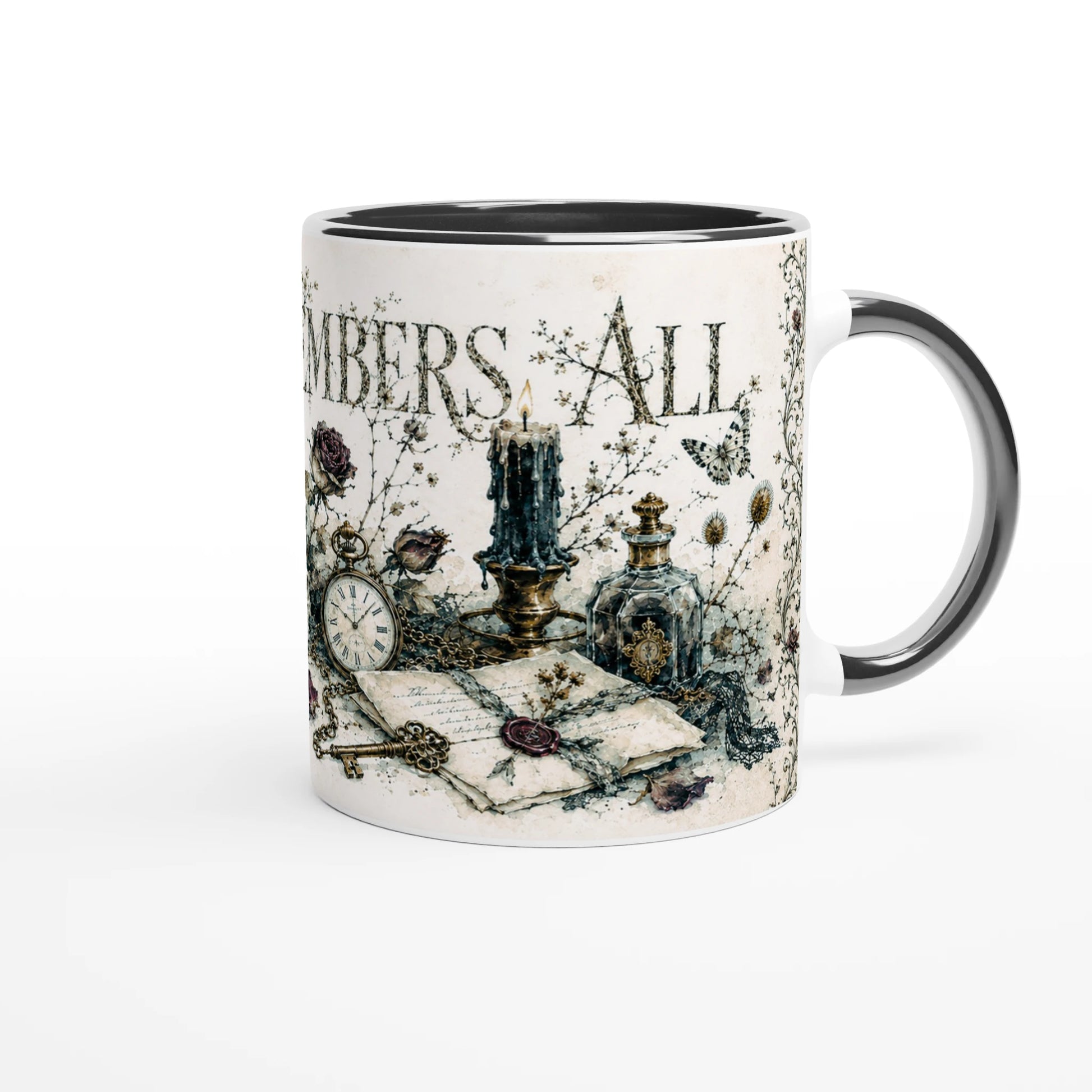 Gothic Tasse Black Edition mit schwarzem Henkel und viktorianischem Vanitas-Stillleben