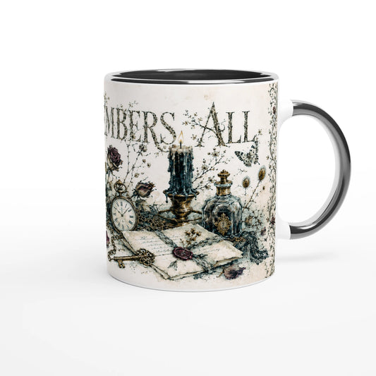 Gothic Tasse Black Edition mit schwarzem Henkel und viktorianischem Vanitas-Stillleben
