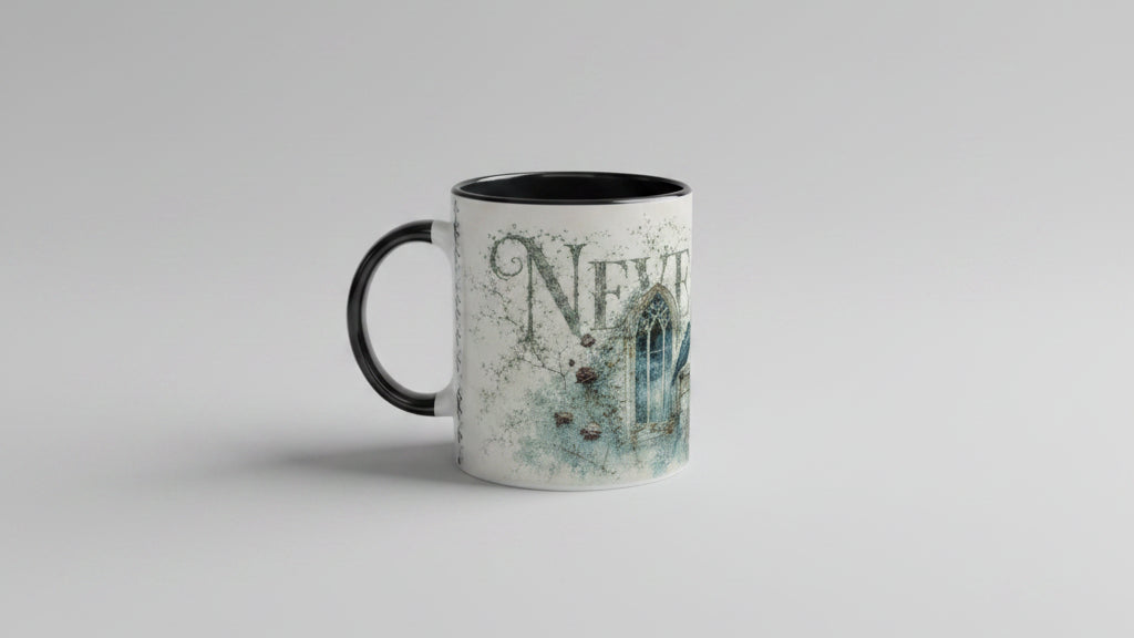 Mystische Gothic Tasse mit großem Schriftzug, Nachtfalter und ornamentalen Seitenrahmen