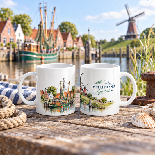 Blaue Greetsiel Keramiktasse mit detailreichem Ostfriesland-Motiv, grünem Fischkutter, historischen Backsteinhäusern und charakteristischen Windmühlen