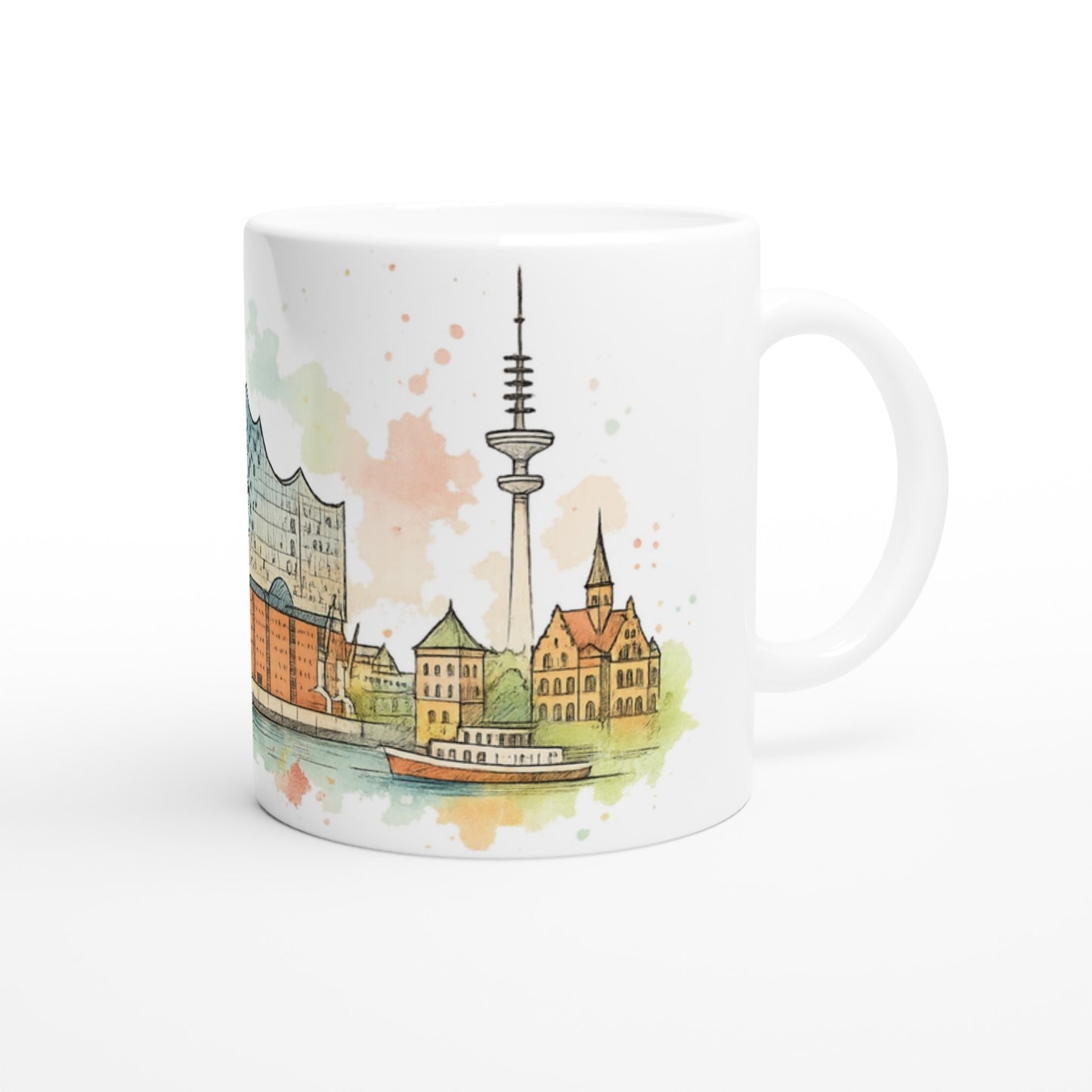 Detailreiche Hamburg Illustration mit Elbphilharmonie, Michel, Fernsehturm und maritimer Stadtatmosphaere