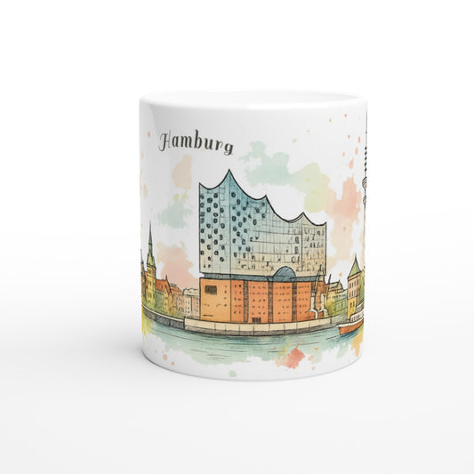 Hamburg Tasse mit Panorama der Hansestadt, Elbphilharmonie, Michel und Fernsehturm im Urban-Sketch-Aquarellstil