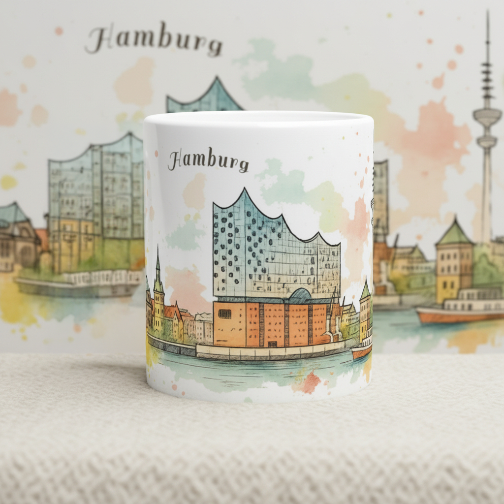 Keramiktasse mit Hamburger Skyline, Hafenarchitektur und bekannten Wahrzeichen in sanften Aquarellfarben