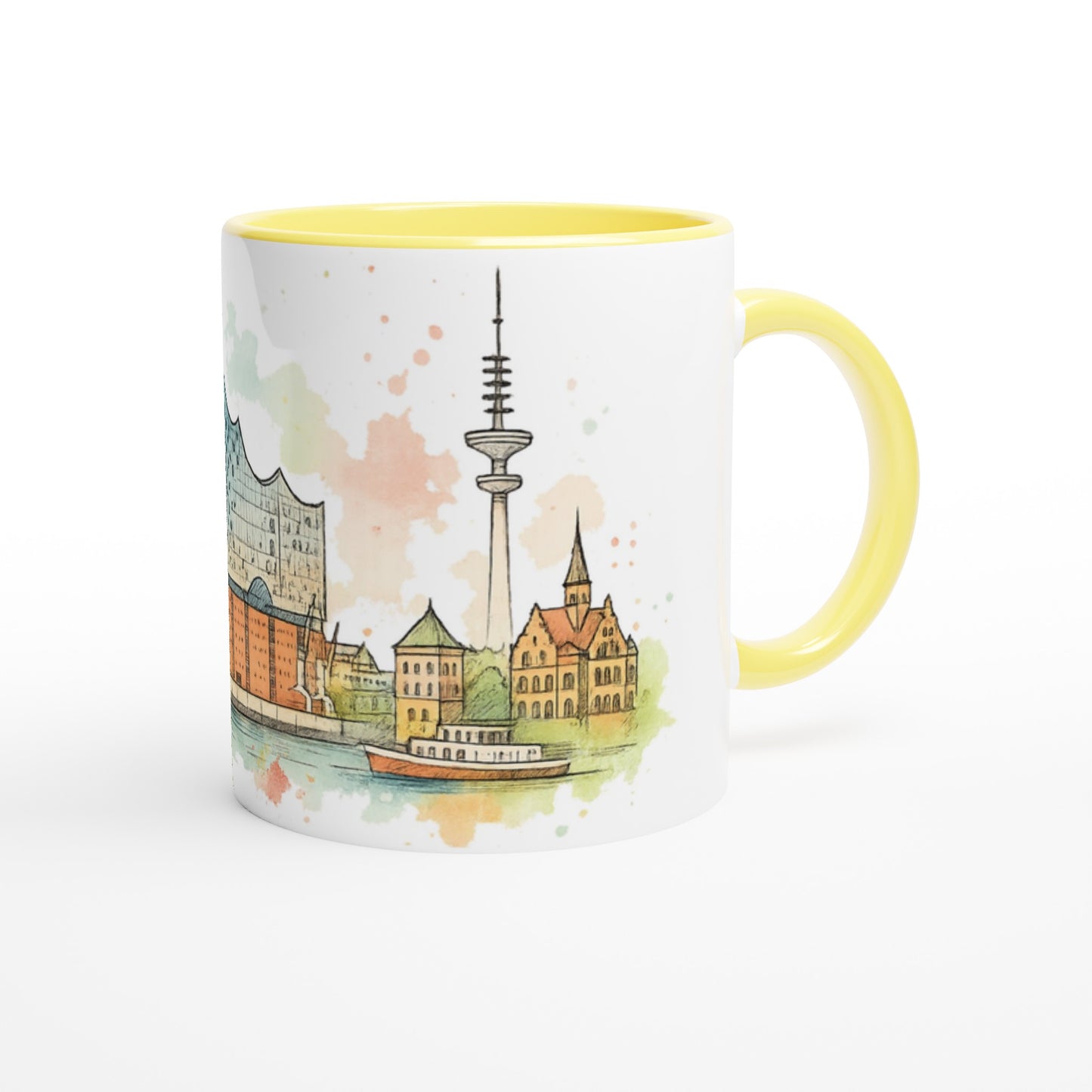 Keramiktasse fuer Hamburg-Fans mit maritimem Stadtmotiv und feinen Aquarellverlaeufen