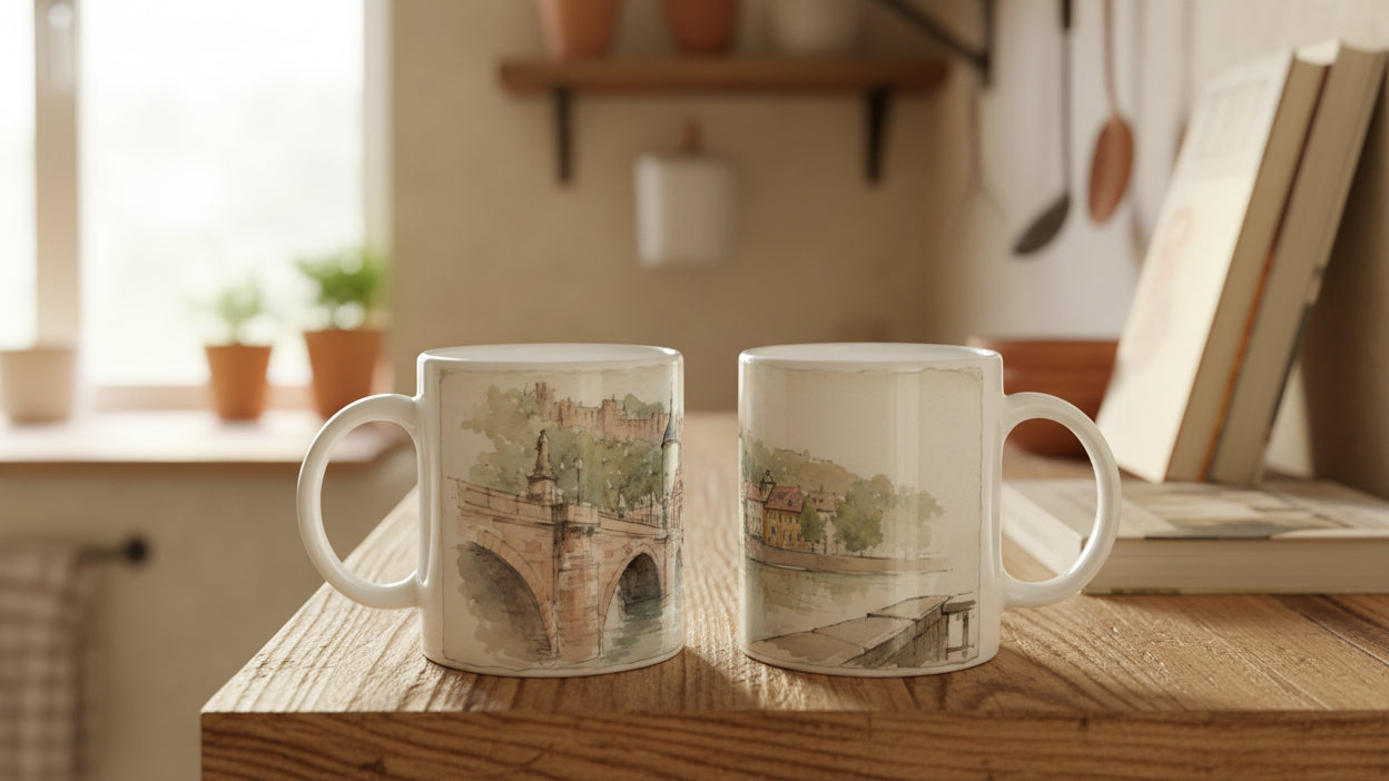 Aquarellmotiv mit Heidelberger Schloss über dem bewaldeten Neckarufer