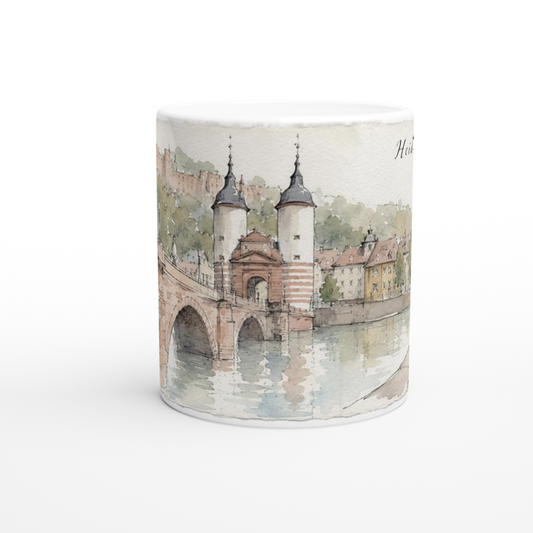 Heidelberg Tasse mit Alter Brücke, Brückentor und Schloss als feine Aquarellillustration