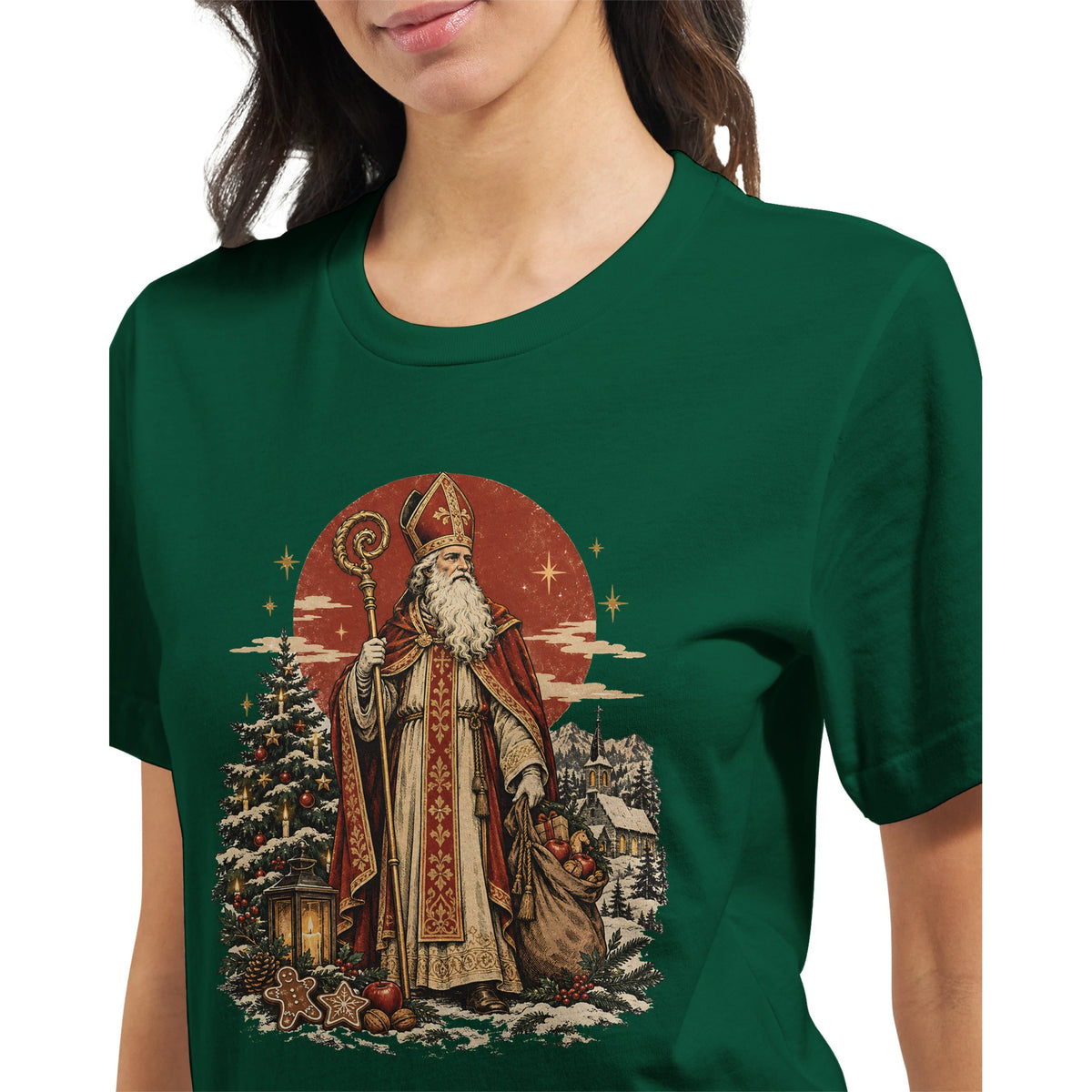 Heiliger Nikolaus T-Shirt in Immergrün mit traditioneller St.-Nicholas-Illustration, Bischofsstab und nostalgischem Vintage-Motiv für Nikolaustag und Weihnachten