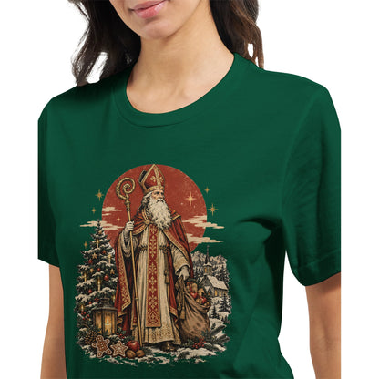 Heiliger Nikolaus T-Shirt in Immergrün mit traditioneller St.-Nicholas-Illustration, Bischofsstab und nostalgischem Vintage-Motiv für Nikolaustag und Weihnachten