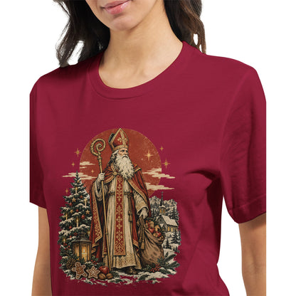 Heiliger Nikolaus T-Shirt in Kardinalrot mit traditioneller St.-Nicholas-Illustration, Bischofsstab und nostalgischem Vintage-Motiv für Nikolaustag und Weihnachten